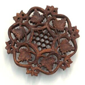 Vtg Carved Sheesham Wood Trivet Hot Pad Footed Made in India Owl Honeycomb